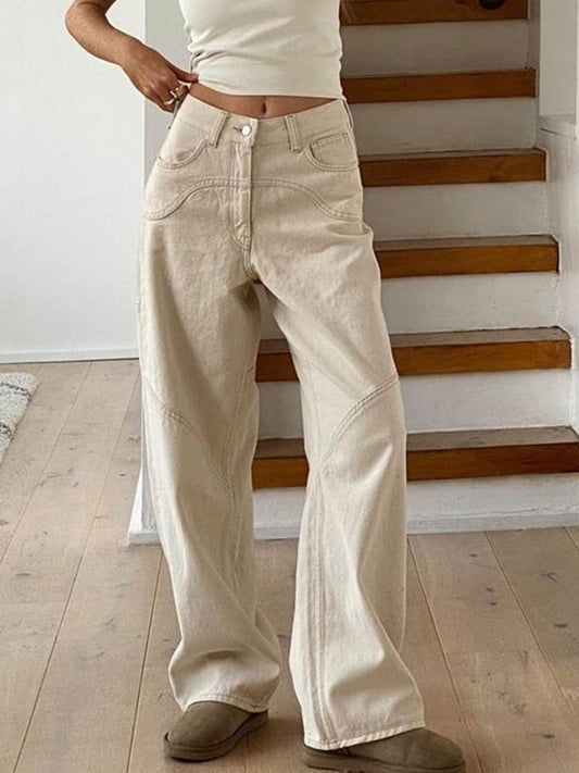 HOUZHOU Beige Jeans Baggy Women Casual Denim Trousers Vintage High Waist Wide Leg Pants Classic Streetwear Fashion Autumn Ladies - Taylor K Shop