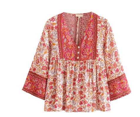 Jastie Summer Gypsy Vintage Style Button Up Blouse V Neck Casual Flutter Sleeve Women Small Top Boho Daisy Print Blouses Blusa - Taylor K Shop