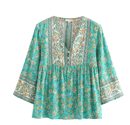 Jastie Summer Gypsy Vintage Style Button Up Blouse V Neck Casual Flutter Sleeve Women Small Top Boho Daisy Print Blouses Blusa - Taylor K Shop