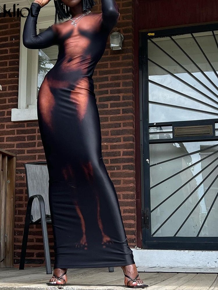 Kliou Y2K 3D Body Print Maxi Dress Women Aesthetic Long Sleeve Unique Sexy Body - Shaping Attirewear Robe Party Clubwear Clothing - Taylor K Shop