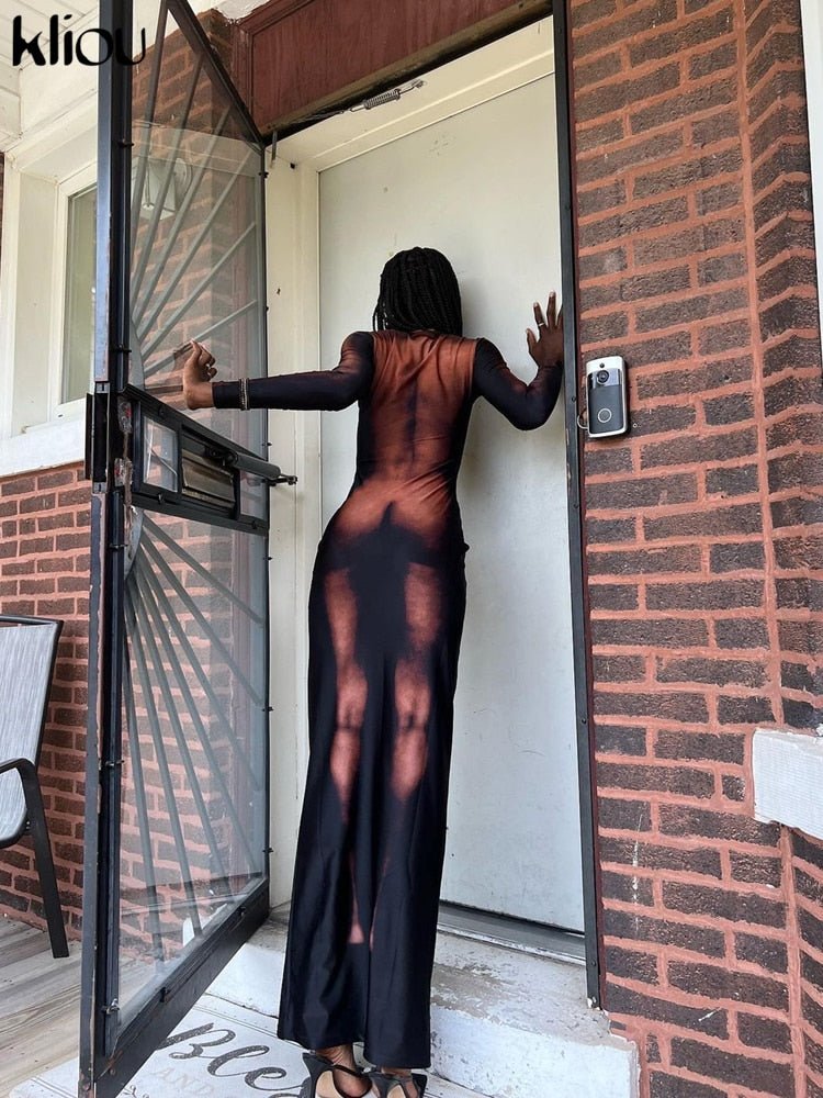 Kliou Y2K 3D Body Print Maxi Dress Women Aesthetic Long Sleeve Unique Sexy Body - Shaping Attirewear Robe Party Clubwear Clothing - Taylor K Shop