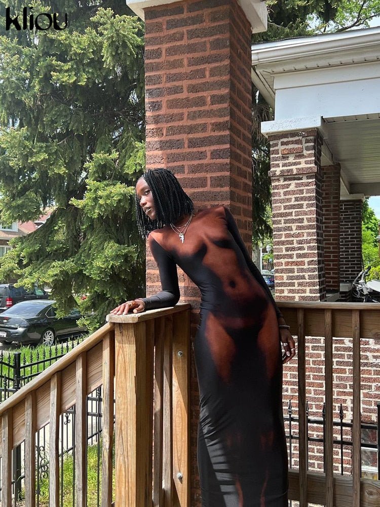 Kliou Y2K 3D Body Print Maxi Dress Women Aesthetic Long Sleeve Unique Sexy Body - Shaping Attirewear Robe Party Clubwear Clothing - Taylor K Shop