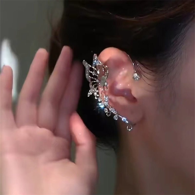 Korean Elf Butterfly Ear Cuff Without Piercing Clip Earrings for Women Elegant Sparkling Zircon Crystal Ear Clip Wedding Jewelry - Taylor K Shop