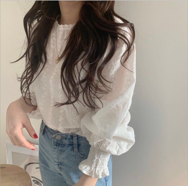 Lace flower lantern white blouse - Taylor K Shop