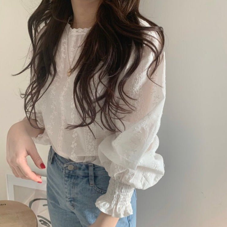 Lace flower lantern white blouse - Taylor K Shop