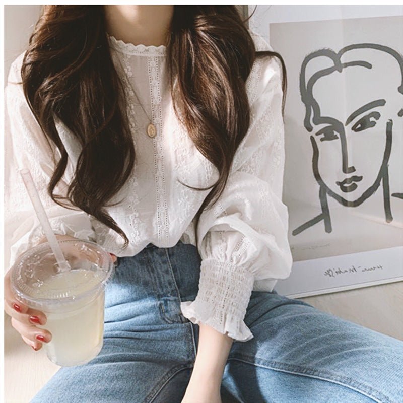 Lace flower lantern white blouse - Taylor K Shop
