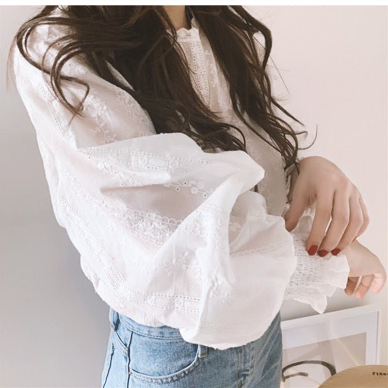 Lace flower lantern white blouse - Taylor K Shop