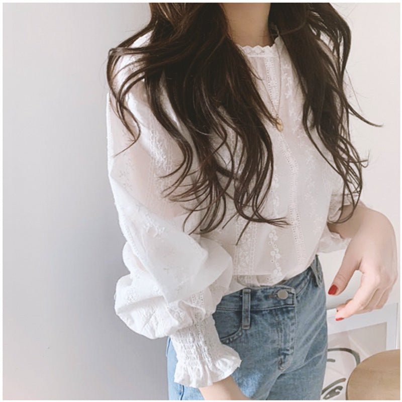 Lace flower lantern white blouse - Taylor K Shop