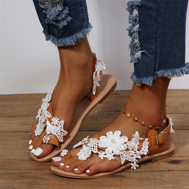 Lace Sandals Bohemia Beach Shoes Flowers Ankle Strap Flat Shoes - Taylor K Shop