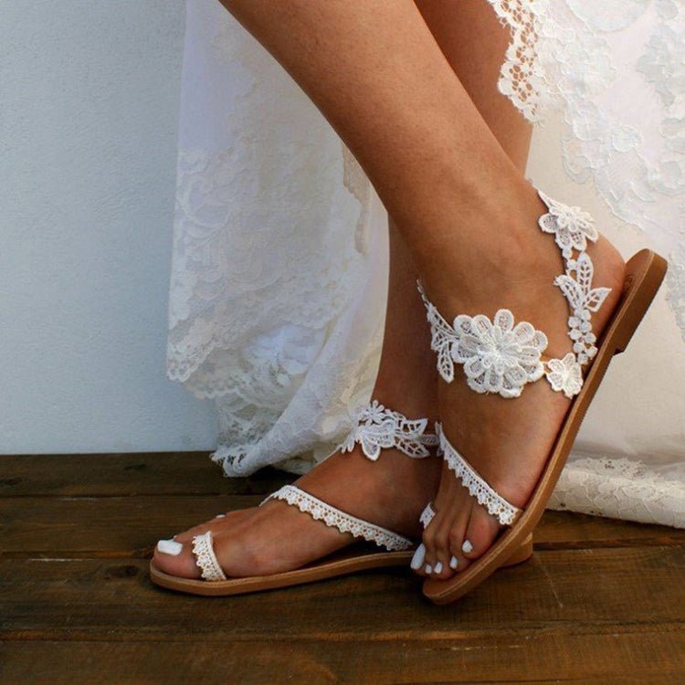 Lace Sandals Bohemia Beach Shoes Flowers Ankle Strap Flat Shoes - Taylor K Shop