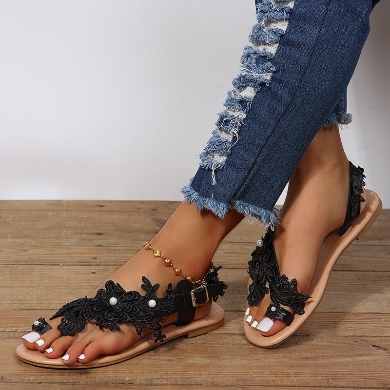 Lace Sandals Bohemia Beach Shoes Flowers Ankle Strap Flat Shoes - Taylor K Shop