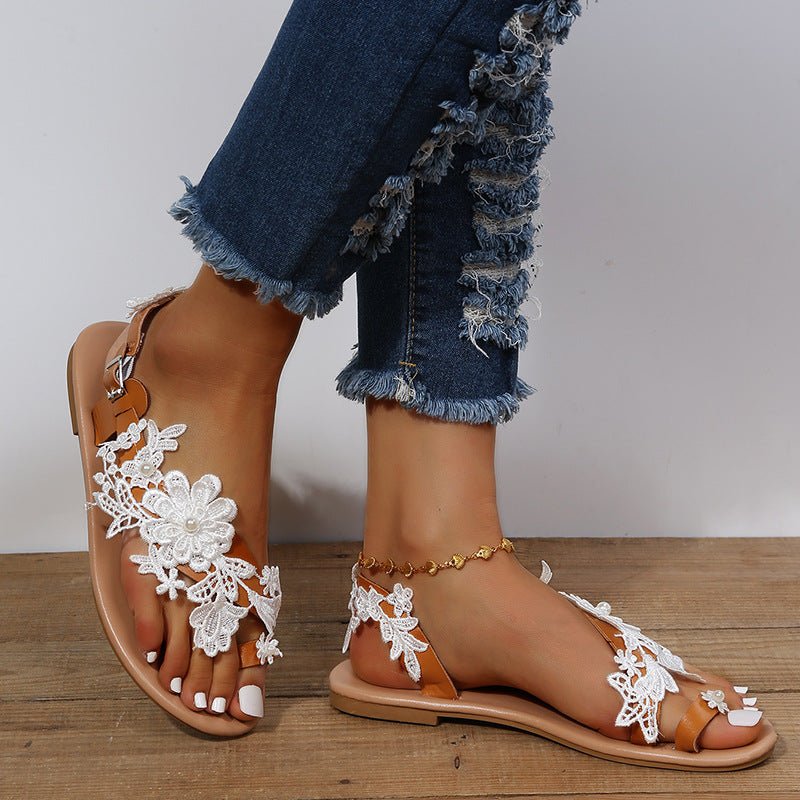 Lace Sandals Bohemia Beach Shoes Flowers Ankle Strap Flat Shoes - Taylor K Shop