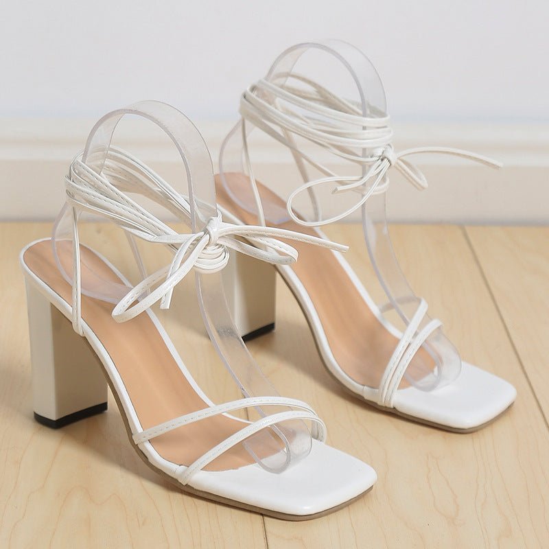 Lace Up Strappy Sandals Summer Chunky Heel Square Toe Shoes Fashion - Taylor K Shop