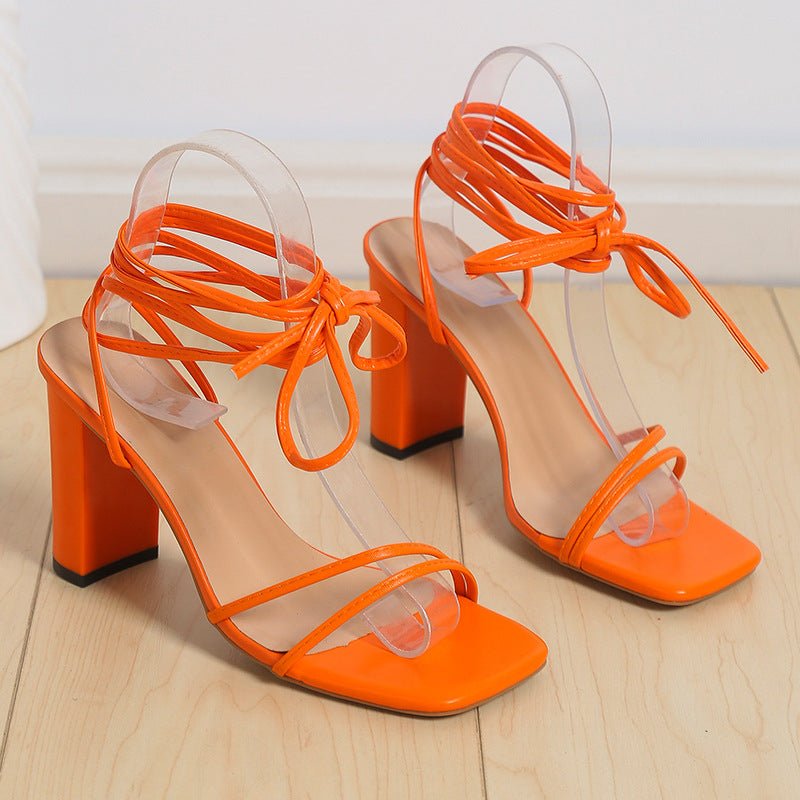 Lace Up Strappy Sandals Summer Chunky Heel Square Toe Shoes Fashion - Taylor K Shop