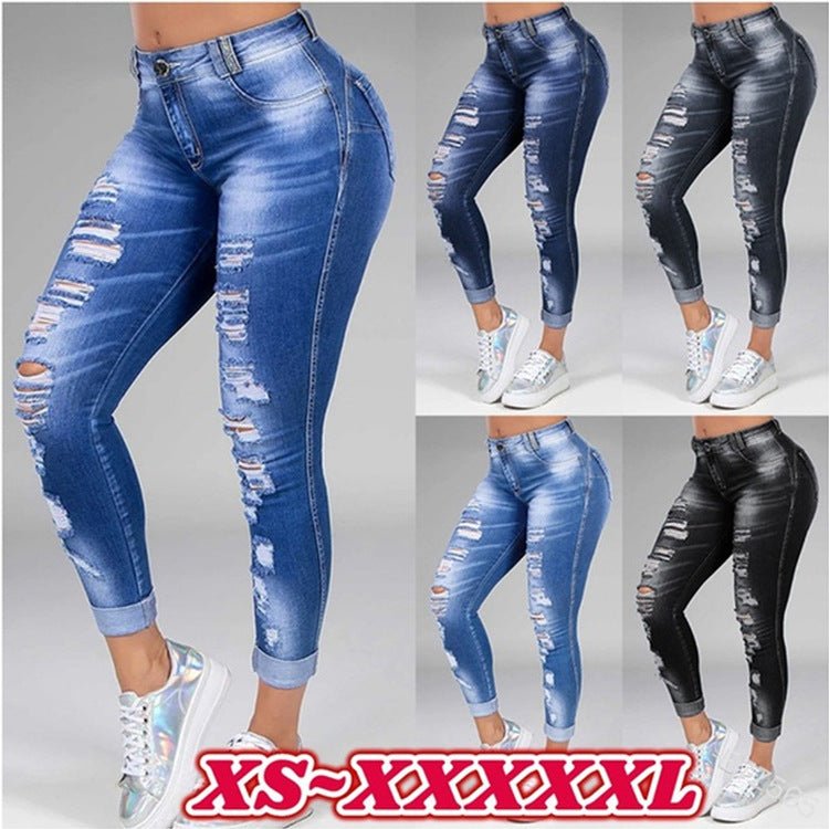 Ladies jeans ripped holes show thin stretch jeans - Taylor K Shop