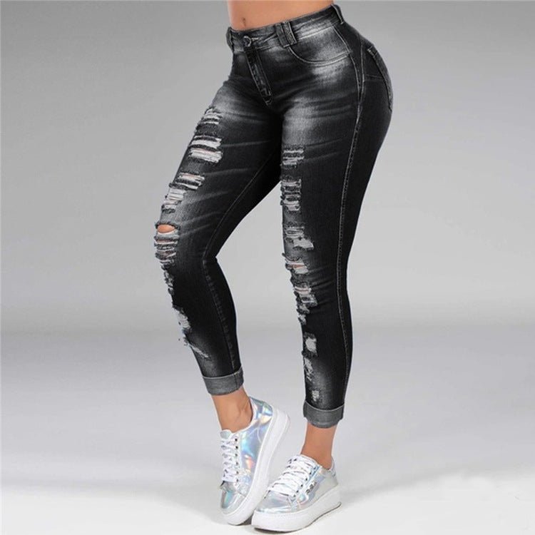 Ladies jeans ripped holes show thin stretch jeans - Taylor K Shop