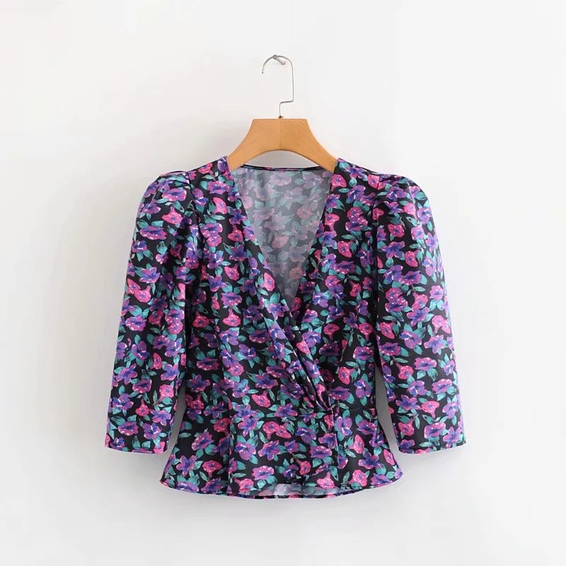 Lantern sleeve printed blouse shirt - Taylor K Shop