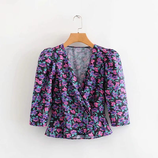 Lantern sleeve printed blouse shirt - Taylor K Shop