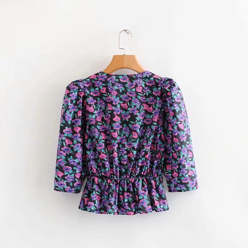 Lantern sleeve printed blouse shirt - Taylor K Shop