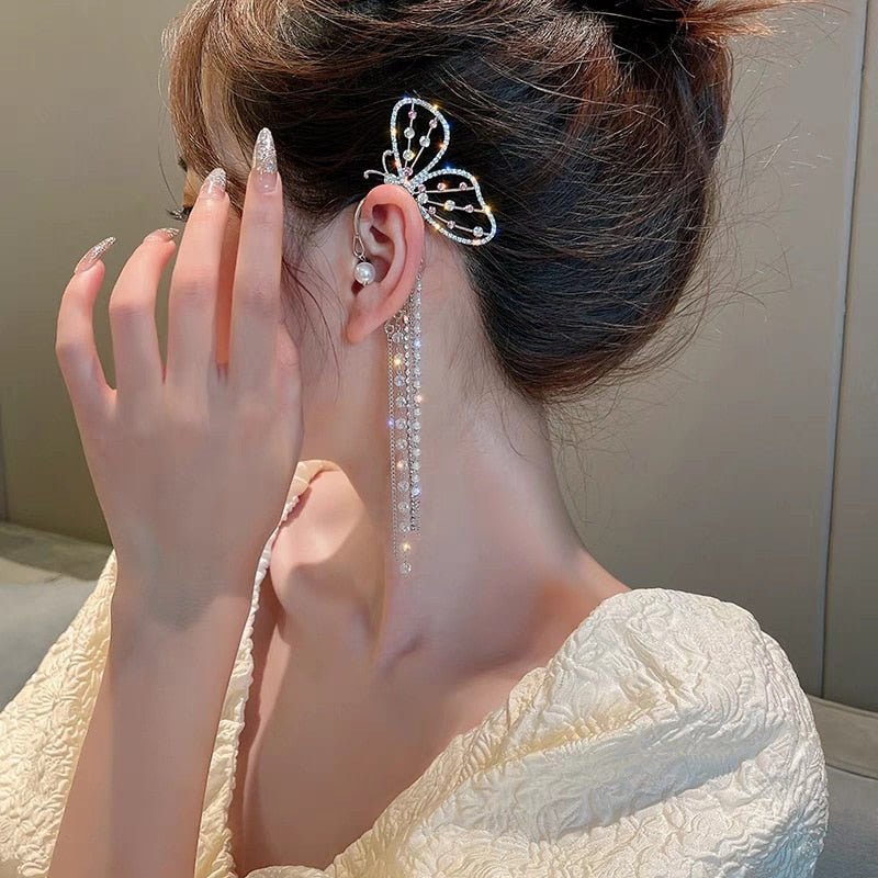 LATS Fashion Crystal Butterfly Clip Earring for Women Pearl Bead Ear Cuff Long Tassels Charm Hollow Earrings Clip Jewelry Gifts - Taylor K Shop