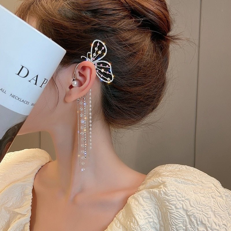LATS Fashion Crystal Butterfly Clip Earring for Women Pearl Bead Ear Cuff Long Tassels Charm Hollow Earrings Clip Jewelry Gifts - Taylor K Shop