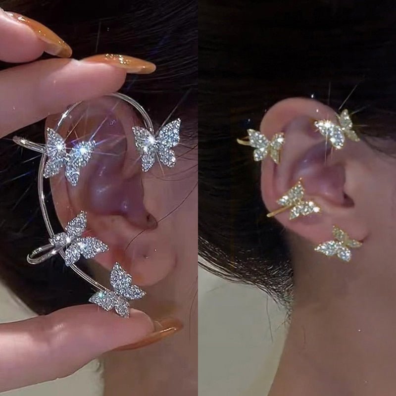 LATS Fashion Crystal Butterfly Clip Earring for Women Pearl Bead Ear Cuff Long Tassels Charm Hollow Earrings Clip Jewelry Gifts - Taylor K Shop