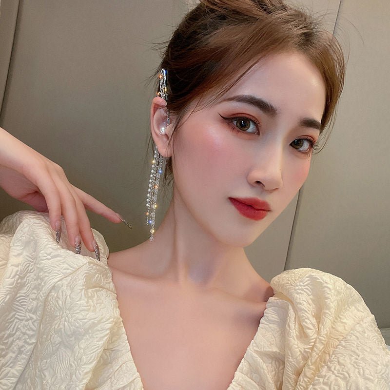 LATS Fashion Crystal Butterfly Clip Earring for Women Pearl Bead Ear Cuff Long Tassels Charm Hollow Earrings Clip Jewelry Gifts - Taylor K Shop