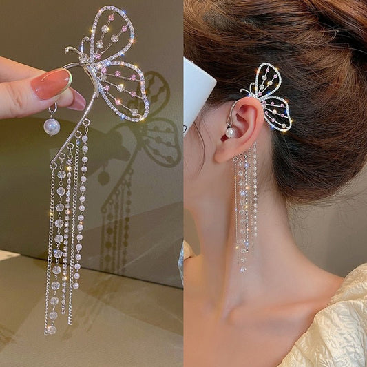 LATS Fashion Crystal Butterfly Clip Earring for Women Pearl Bead Ear Cuff Long Tassels Charm Hollow Earrings Clip Jewelry Gifts - Taylor K Shop