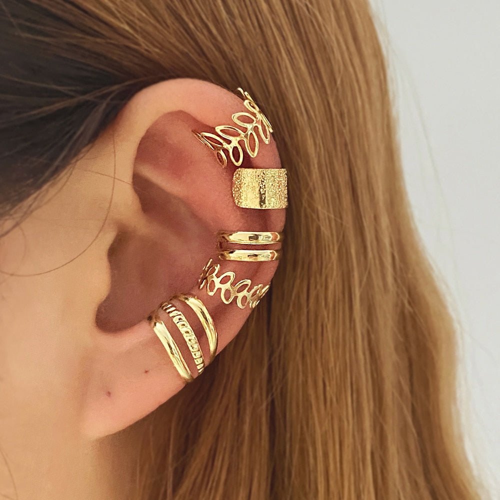 LATS Gold Color Leaves Ear Cuff Black Non - Piercing Ear Clip Earrings for Women Men Fake Cartilage Earring Cuff Jewelry Wholesale - Taylor K Shop