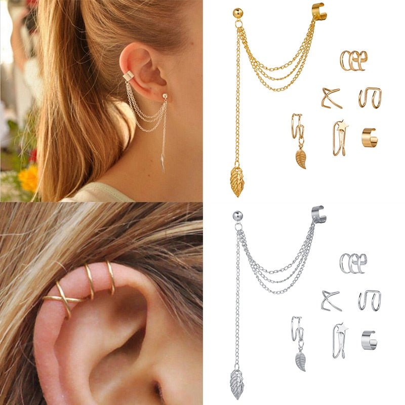 LATS Gold Color Leaves Ear Cuff Black Non - Piercing Ear Clip Earrings for Women Men Fake Cartilage Earring Cuff Jewelry Wholesale - Taylor K Shop