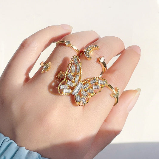 LATS Vintage Gold Color Crystal Butterfly Rings for Women Creative Bowknot Moon Ring Set . New trend Female Fashion Elegant Jewelry - Taylor K Shop