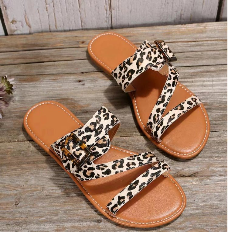 Leopard Print Slippers Summer Flat Sandals For Women Beach Shoes - Taylor K Shop