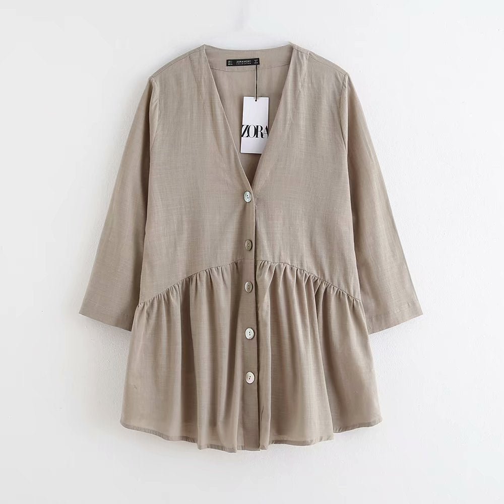 Linen V - neck pleated blouse - Taylor K Shop