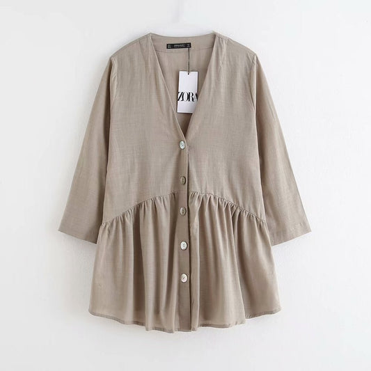 Linen V - neck pleated blouse - Taylor K Shop