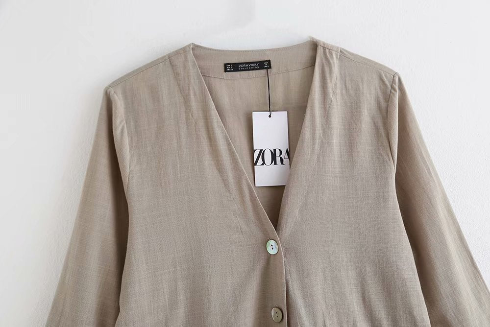 Linen V - neck pleated blouse - Taylor K Shop