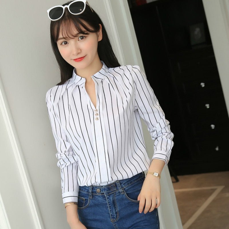 Loose striped stand collar blouse - Taylor K Shop
