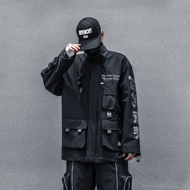 Mens Hooded Dark Functional Wind Letter Reflective Top Coat - Taylor K Shop