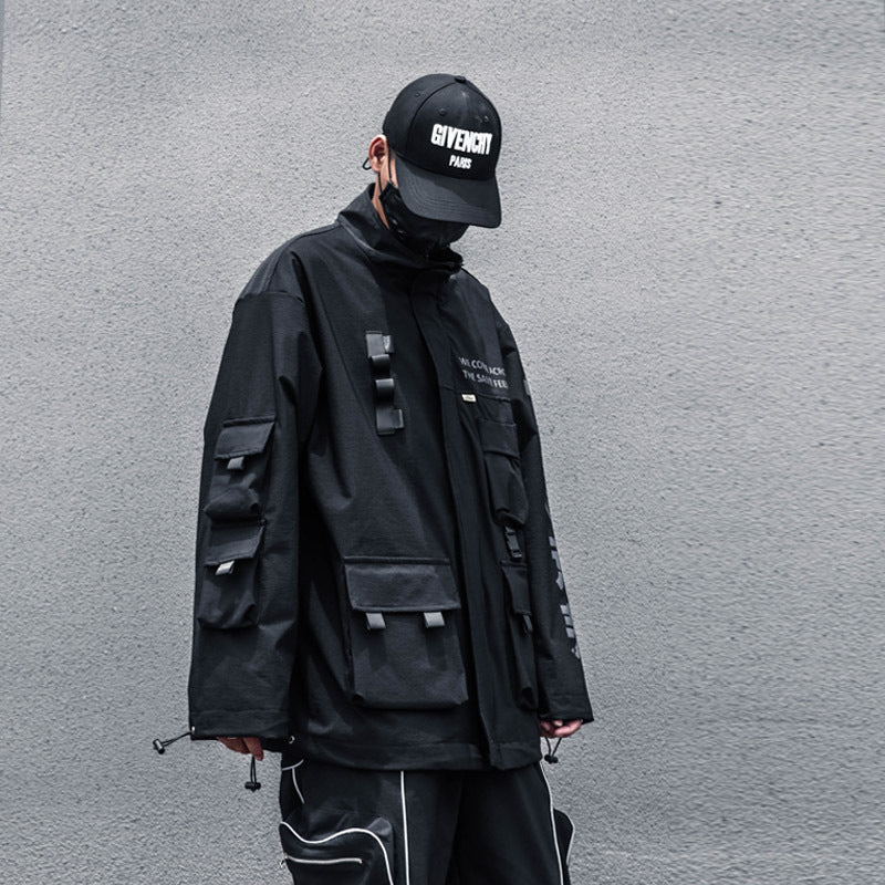 Mens Hooded Dark Functional Wind Letter Reflective Top Coat - Taylor K Shop