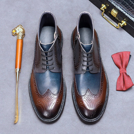Mens Leather Vintage Color Blocking Brogue Carved Boots - Taylor K Shop