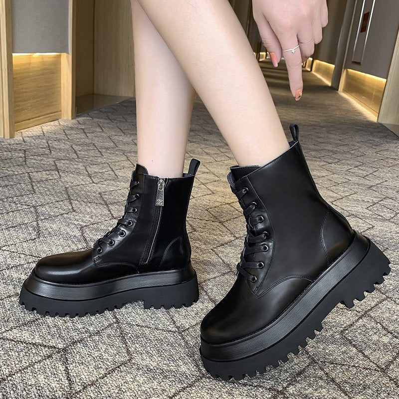 Motorcycle boots platform black short boots - Taylor K Shop