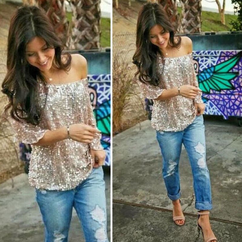 New 2021 Fashion Women Sexy Loose Off Shoulder Sequin Glitter Blouses Summer Casual Shirts Vintage Streetwear Party Tops - Taylor K Shop