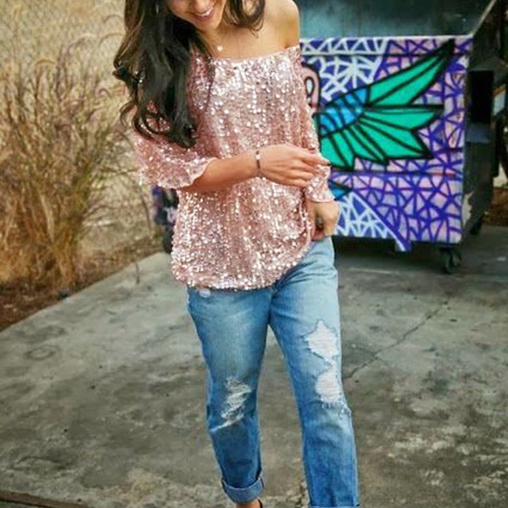 New 2021 Fashion Women Sexy Loose Off Shoulder Sequin Glitter Blouses Summer Casual Shirts Vintage Streetwear Party Tops - Taylor K Shop