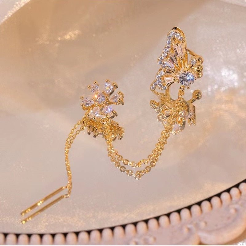 New Arrival Shiny Crystal Butterfly Ear Cuff Clip Earrings For Women Fashion Tassel Chain Flower Stud Earrings Wedding Jewelry - Taylor K Shop