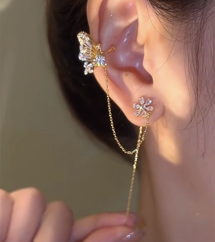 New Arrival Shiny Crystal Butterfly Ear Cuff Clip Earrings For Women Fashion Tassel Chain Flower Stud Earrings Wedding Jewelry - Taylor K Shop