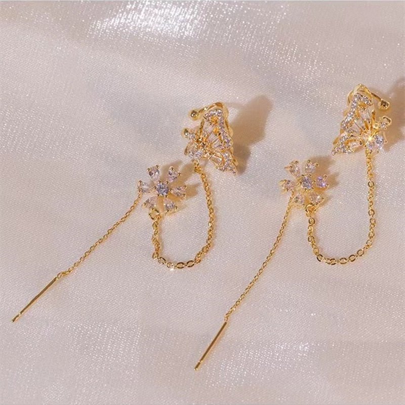 New Arrival Shiny Crystal Butterfly Ear Cuff Clip Earrings For Women Fashion Tassel Chain Flower Stud Earrings Wedding Jewelry - Taylor K Shop