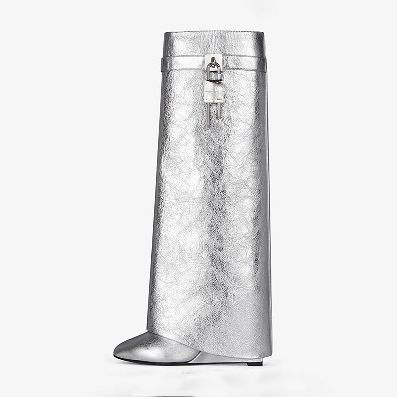 New Knee High Boots Shark Lock Long Thick Soled High - heeled Boots Designer Luxury Brand Leather Boots - Taylor K Shop