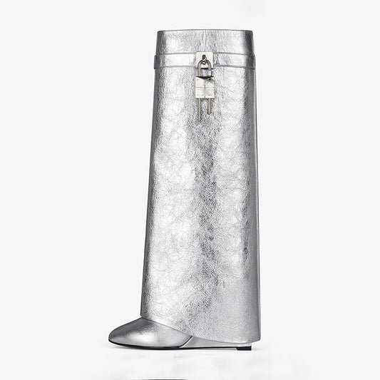 New Knee High Boots Shark Lock Long Thick Soled High - heeled Boots Designer Luxury Brand Leather Boots - Taylor K Shop