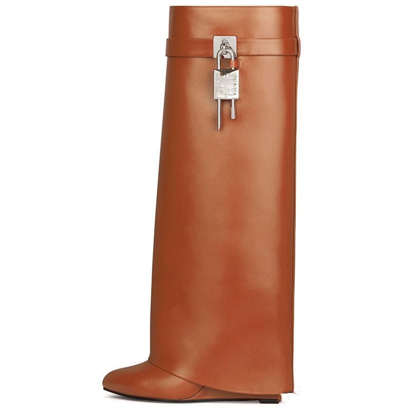 New Knee High Boots Shark Lock Long Thick Soled High - heeled Boots Designer Luxury Brand Leather Boots - Taylor K Shop