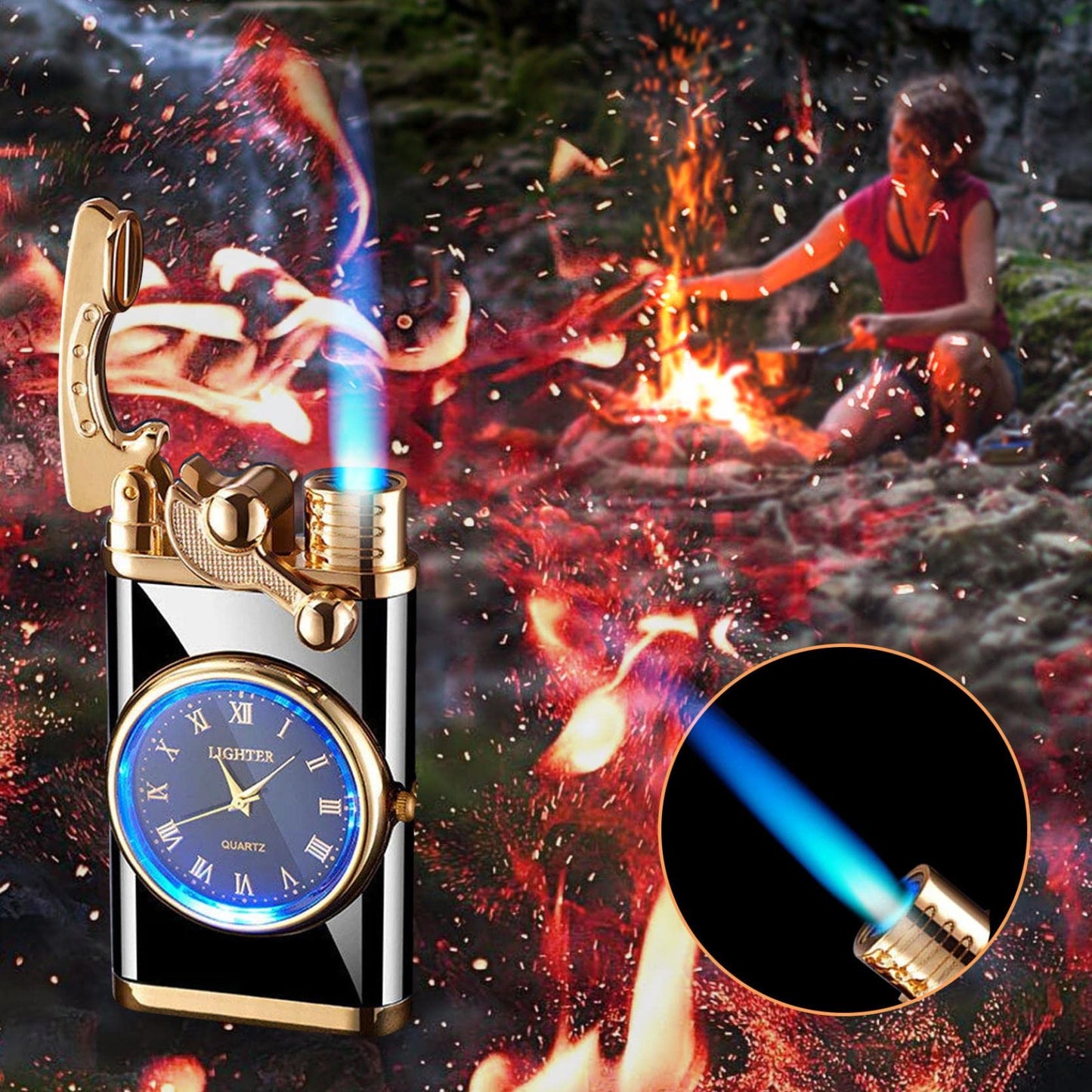 New Lighter With Electric Watch Rocker Arm Automatic Ignition Straight Blue Flame Lighter Creative Real Dial Inflatable Windproof Lighter Men's Watch Gift - Taylor K Shop