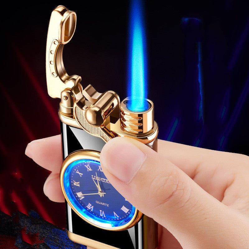 New Lighter With Electric Watch Rocker Arm Automatic Ignition Straight Blue Flame Lighter Creative Real Dial Inflatable Windproof Lighter Men's Watch Gift - Taylor K Shop